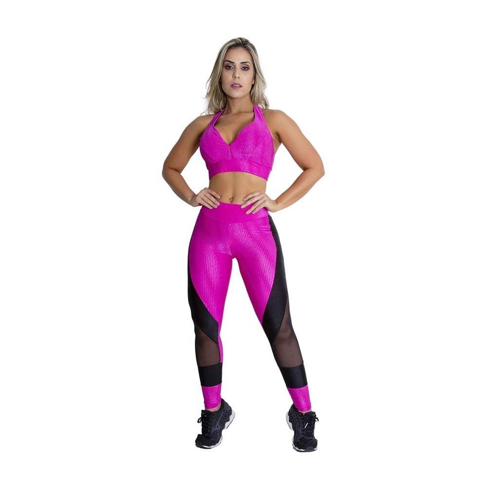 Calça Legging com Recorte e detalhe em Tela Pink - Moda Fitness Maçã de Eva
