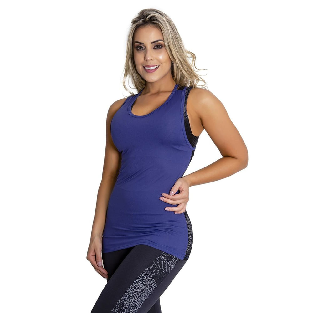 Regata Fitness com Detalhe em Tela nas Costas Azul - Moda Fitness Maçã de Eva
